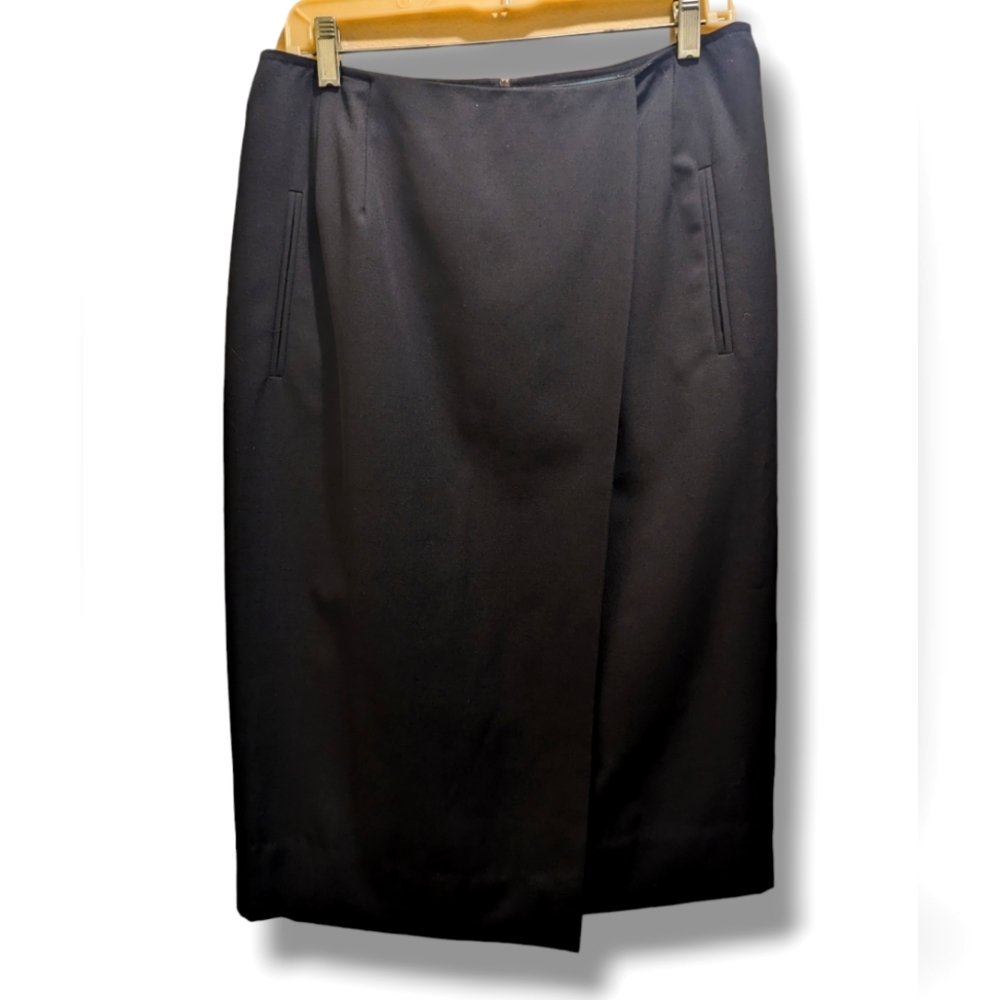 Harve Benard Black 100% Wool Faux Wrap-Front Pencil Skirt Vintage size 14